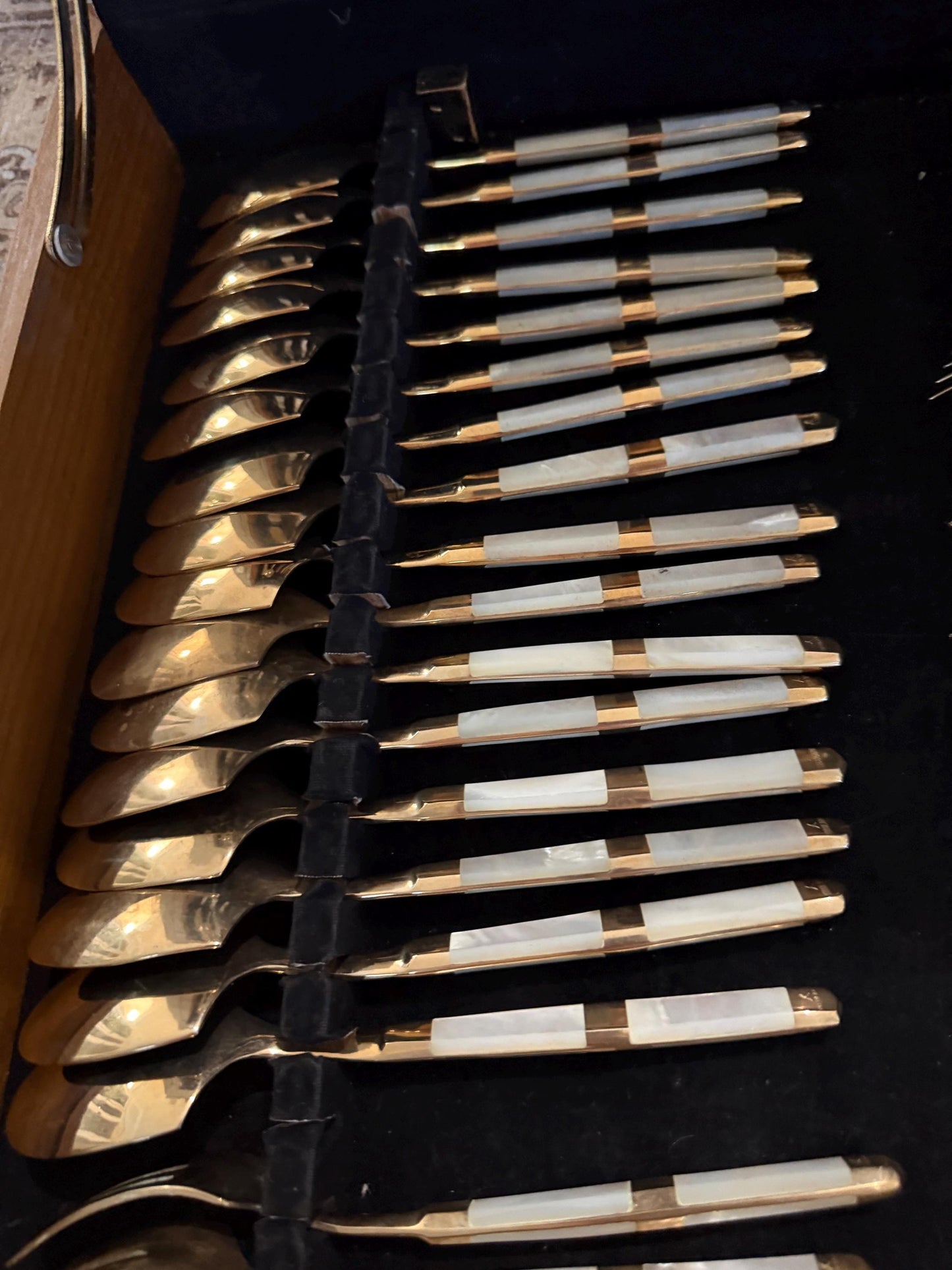 Mother of pearl vintage flatware 116 piece set with original wood case mother of pearl and gold flatware plus hostess pieces