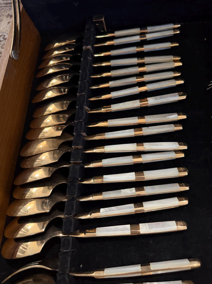 Mother of pearl vintage flatware 116 piece set with original wood case mother of pearl and gold flatware plus hostess pieces