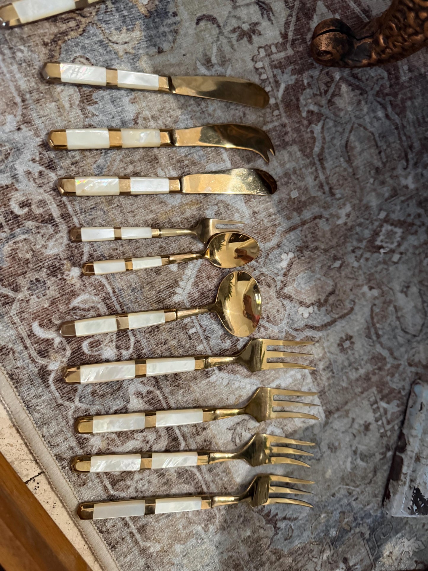 Mother of pearl vintage flatware 116 piece set with original wood case mother of pearl and gold flatware plus hostess pieces