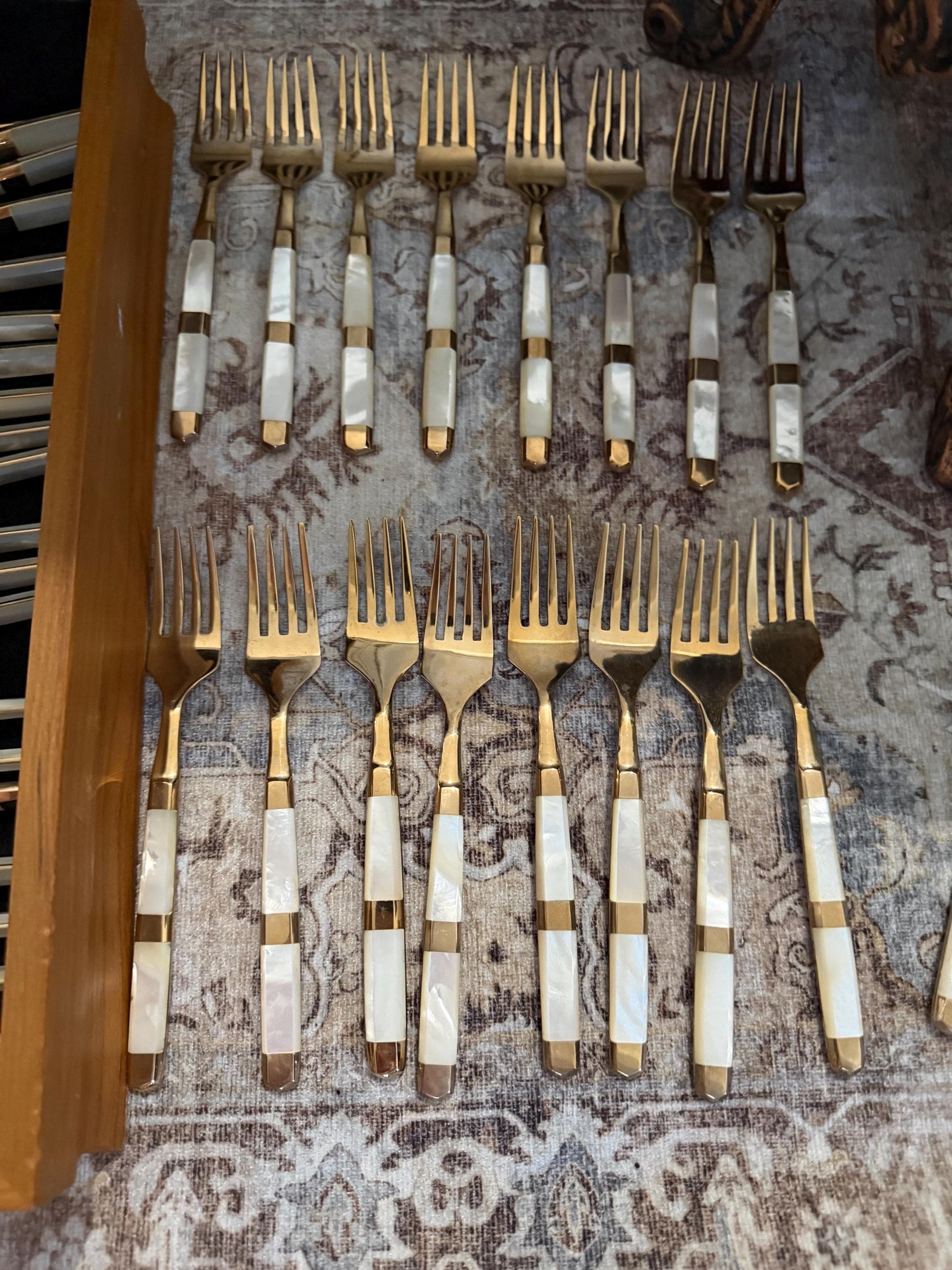 Mother of pearl vintage flatware 116 piece set with original wood case mother of pearl and gold flatware plus hostess pieces
