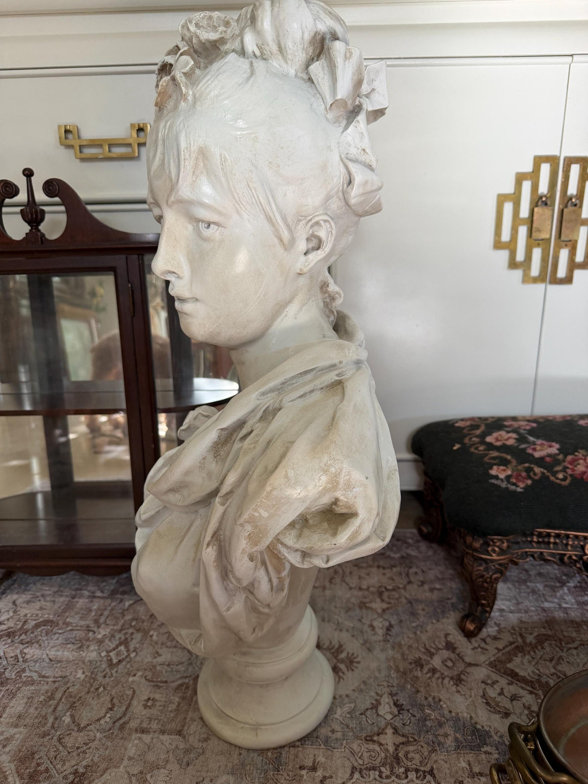Large Female Bust After Carrier-Belleuse, Floral Woman Sculpture, Neoclassical Composite Statue, French Style Decor