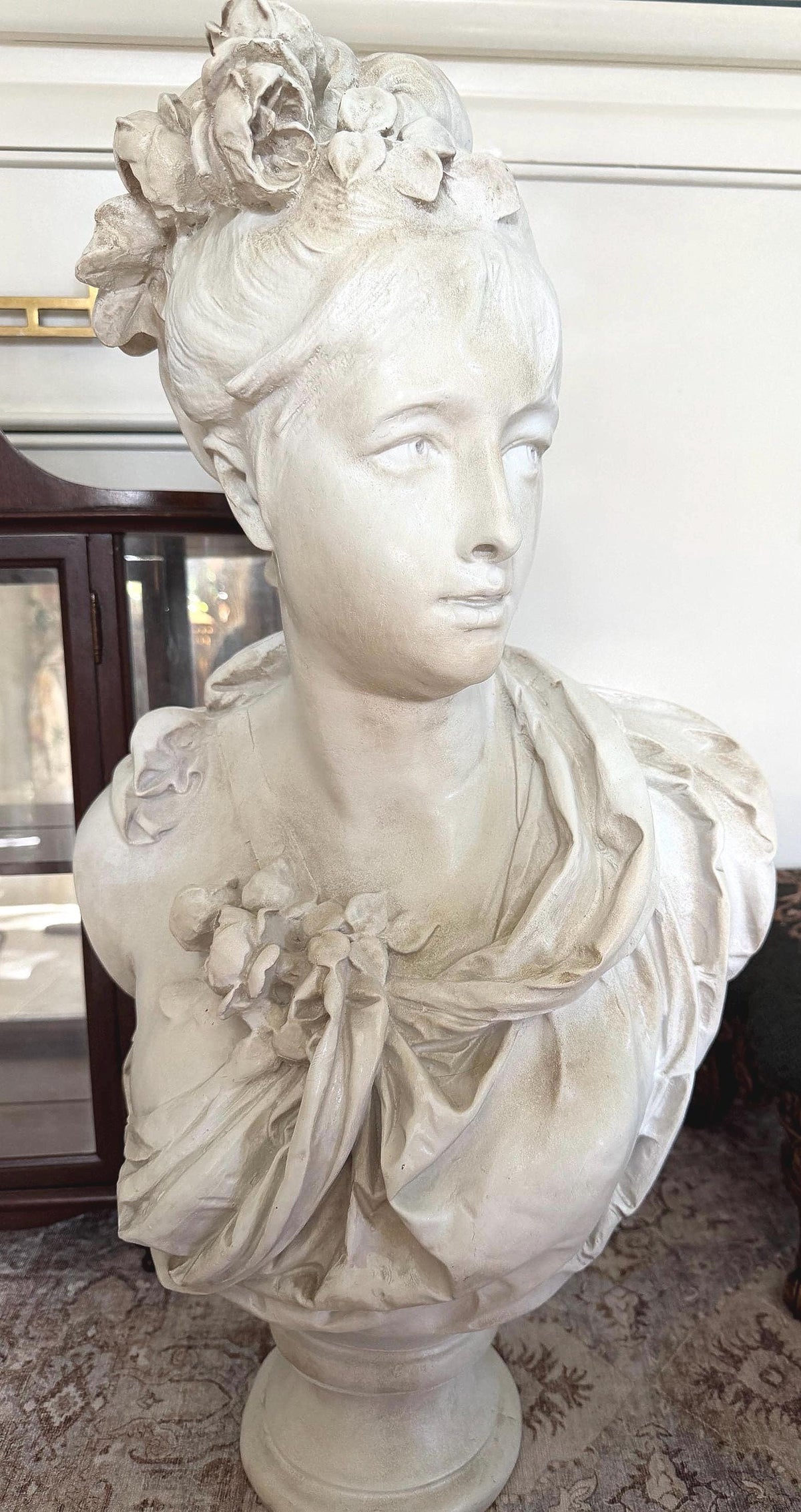 Large Female Bust After Carrier-Belleuse, Floral Woman Sculpture, Neoclassical Composite Statue, French Style Decor