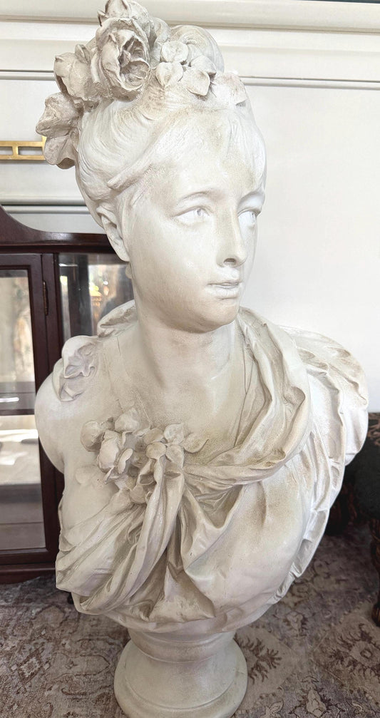 Large Female Bust After Carrier-Belleuse, Floral Woman Sculpture, Neoclassical Composite Statue, French Style Decor