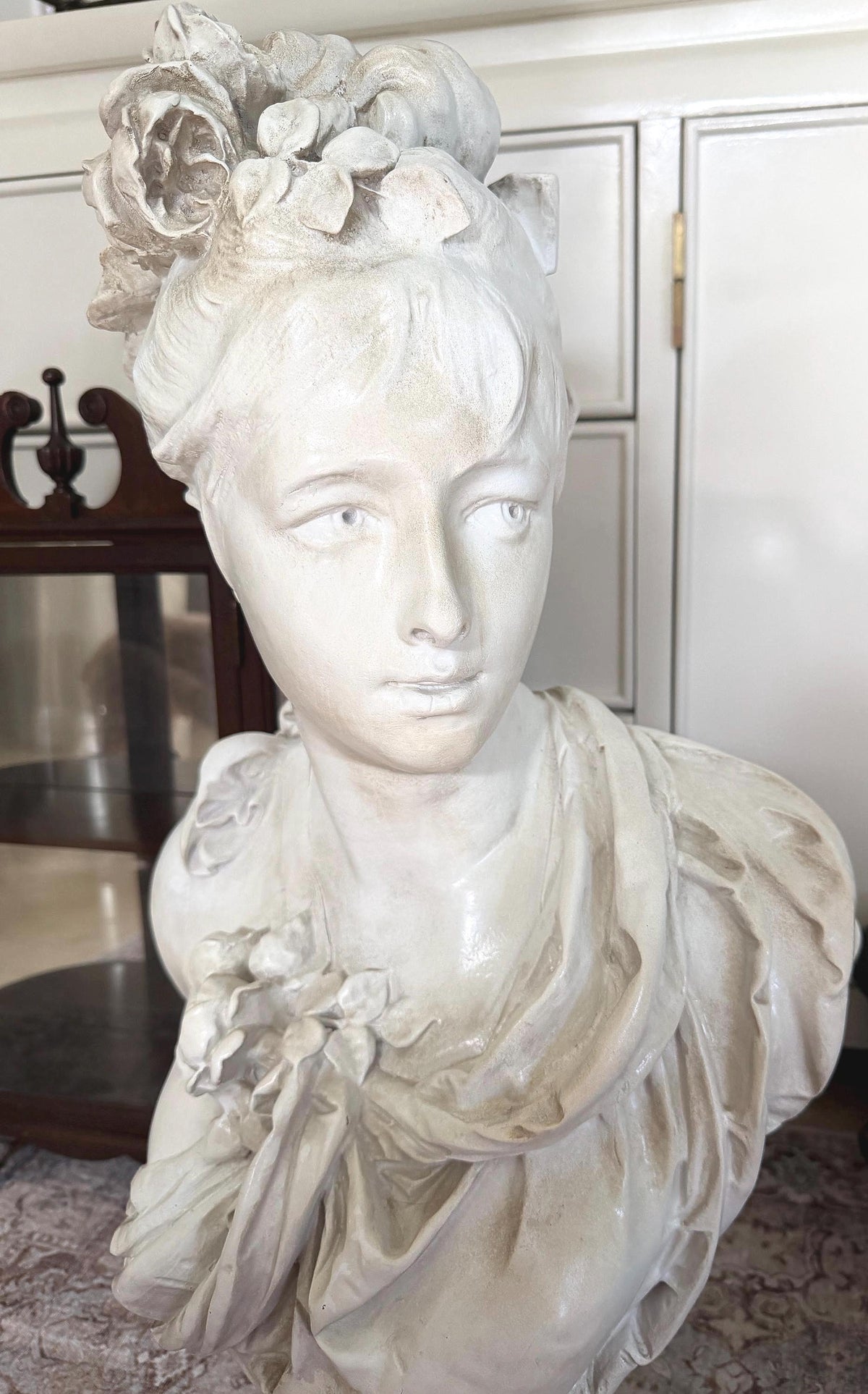 Large Female Bust After Carrier-Belleuse, Floral Woman Sculpture, Neoclassical Composite Statue, French Style Decor