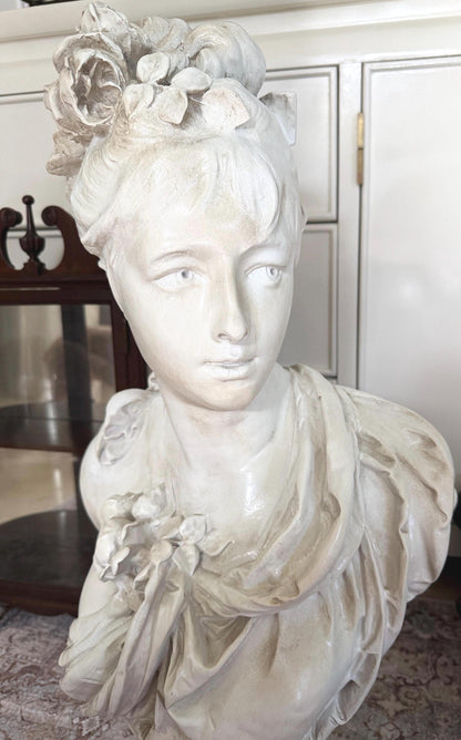 Large Female Bust After Carrier-Belleuse, Floral Woman Sculpture, Neoclassical Composite Statue, French Style Decor