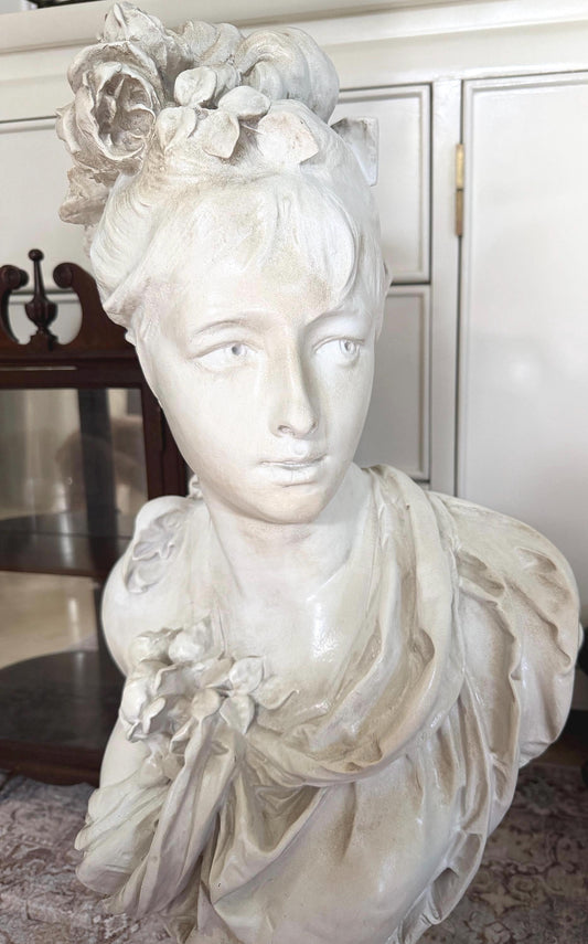 Large Female Bust After Carrier-Belleuse, Floral Woman Sculpture, Neoclassical Composite Statue, French Style Decor