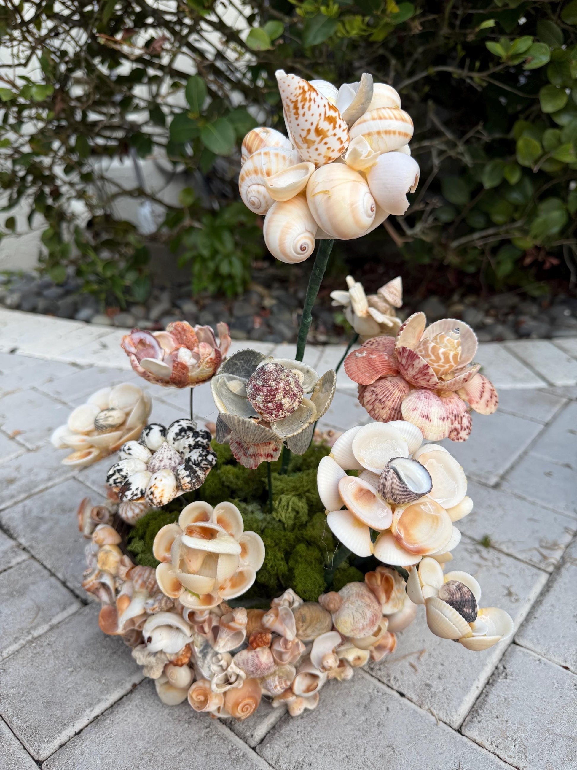 Seashell flowers in shell basket vintage shell decor