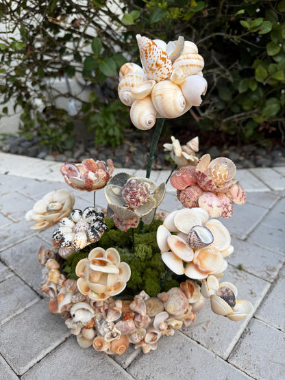 Seashell flowers in shell basket vintage shell decor