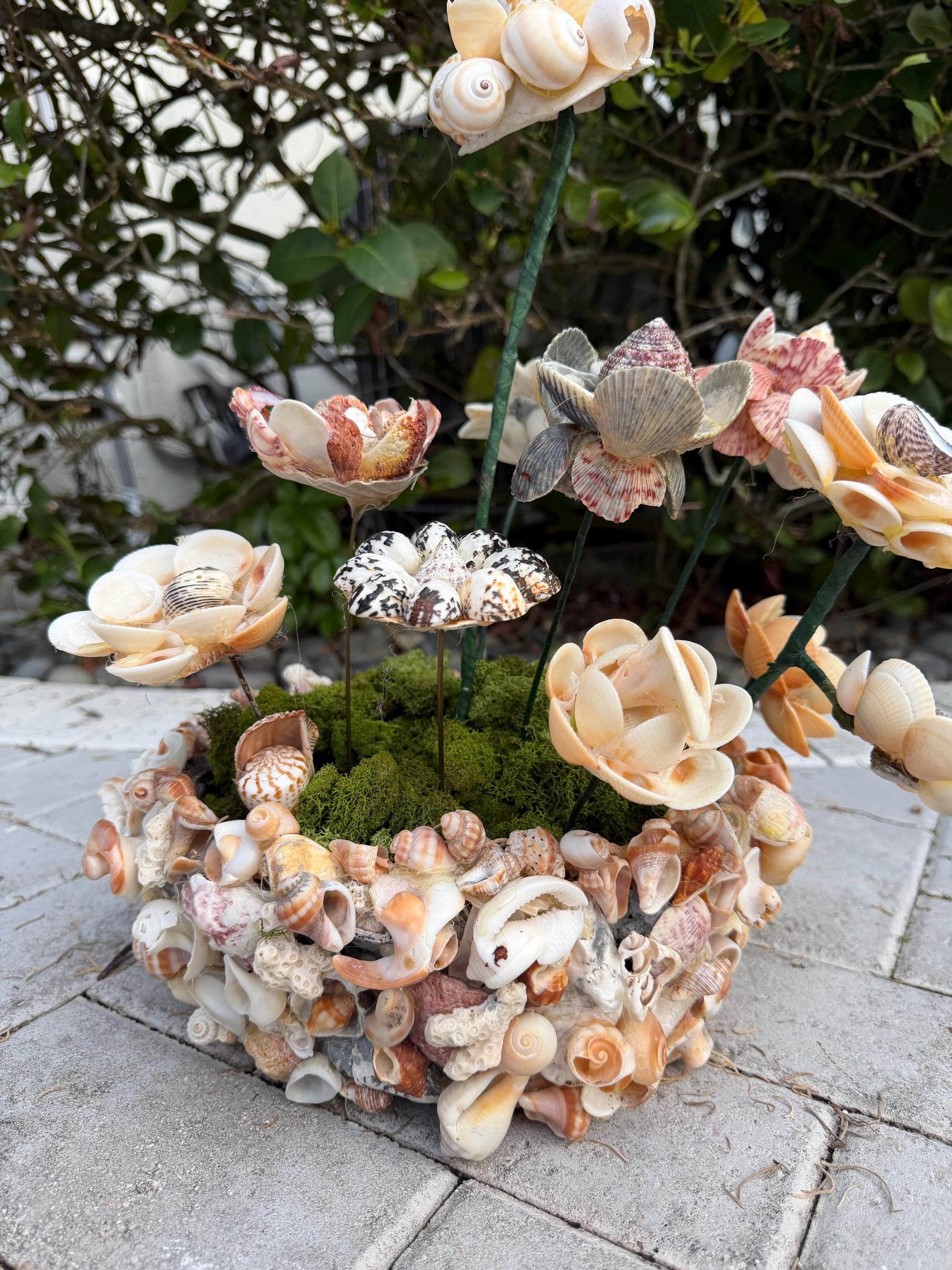 Seashell flowers in shell basket vintage shell decor