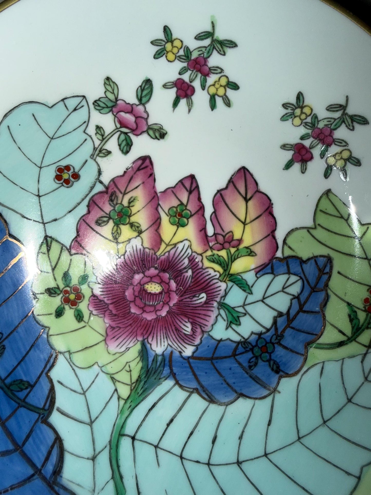 Vintage Chinese Porcelain Tobacco Leaf Bowl Wall Plaque Famille Rose Floral Chinoiserie Brass Mount