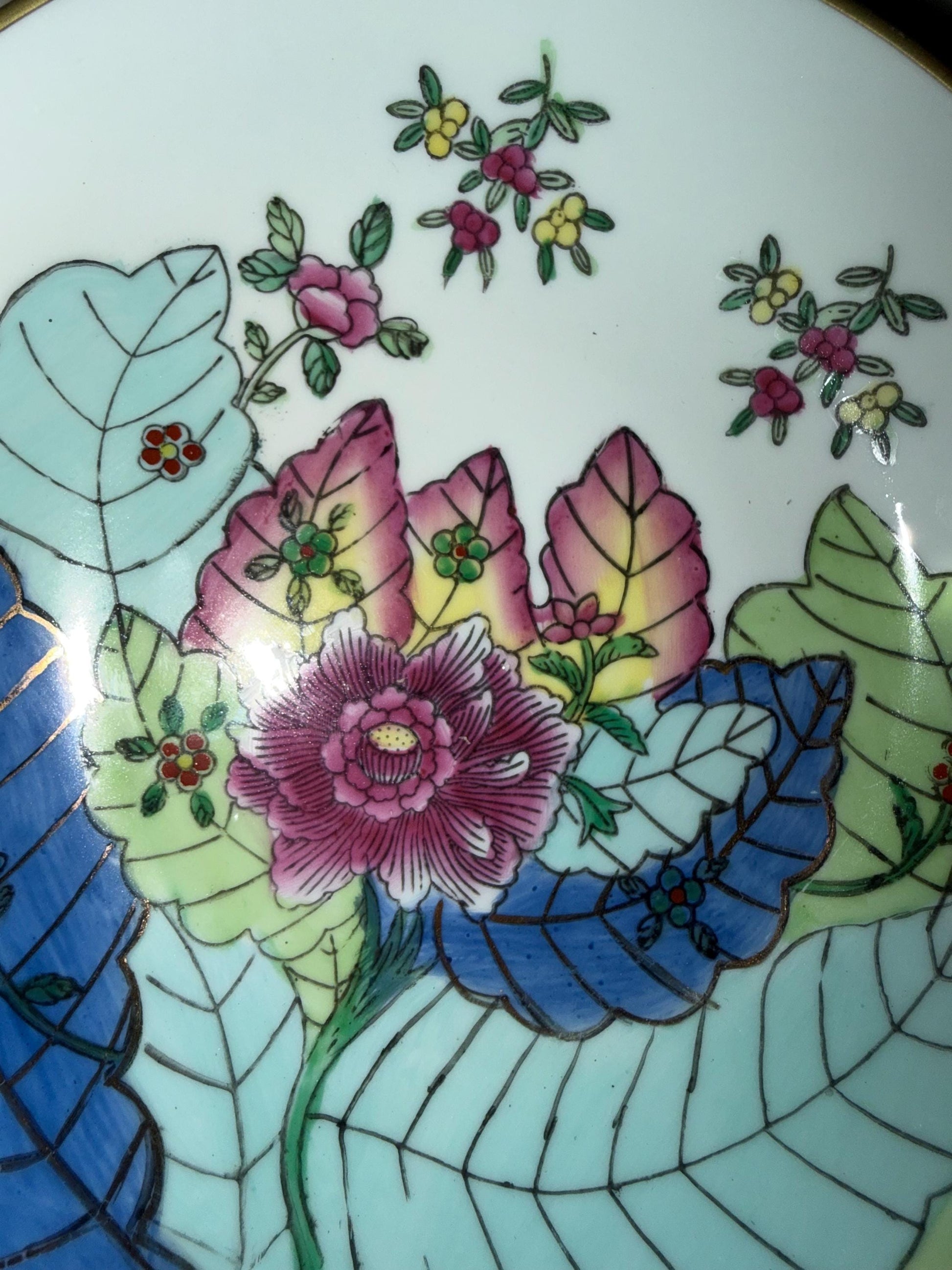 Vintage Chinese Porcelain Tobacco Leaf Bowl Wall Plaque Famille Rose Floral Chinoiserie Brass Mount