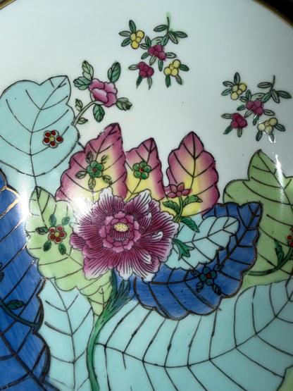 Vintage Chinese Porcelain Tobacco Leaf Bowl Wall Plaque Famille Rose Floral Chinoiserie Brass Mount