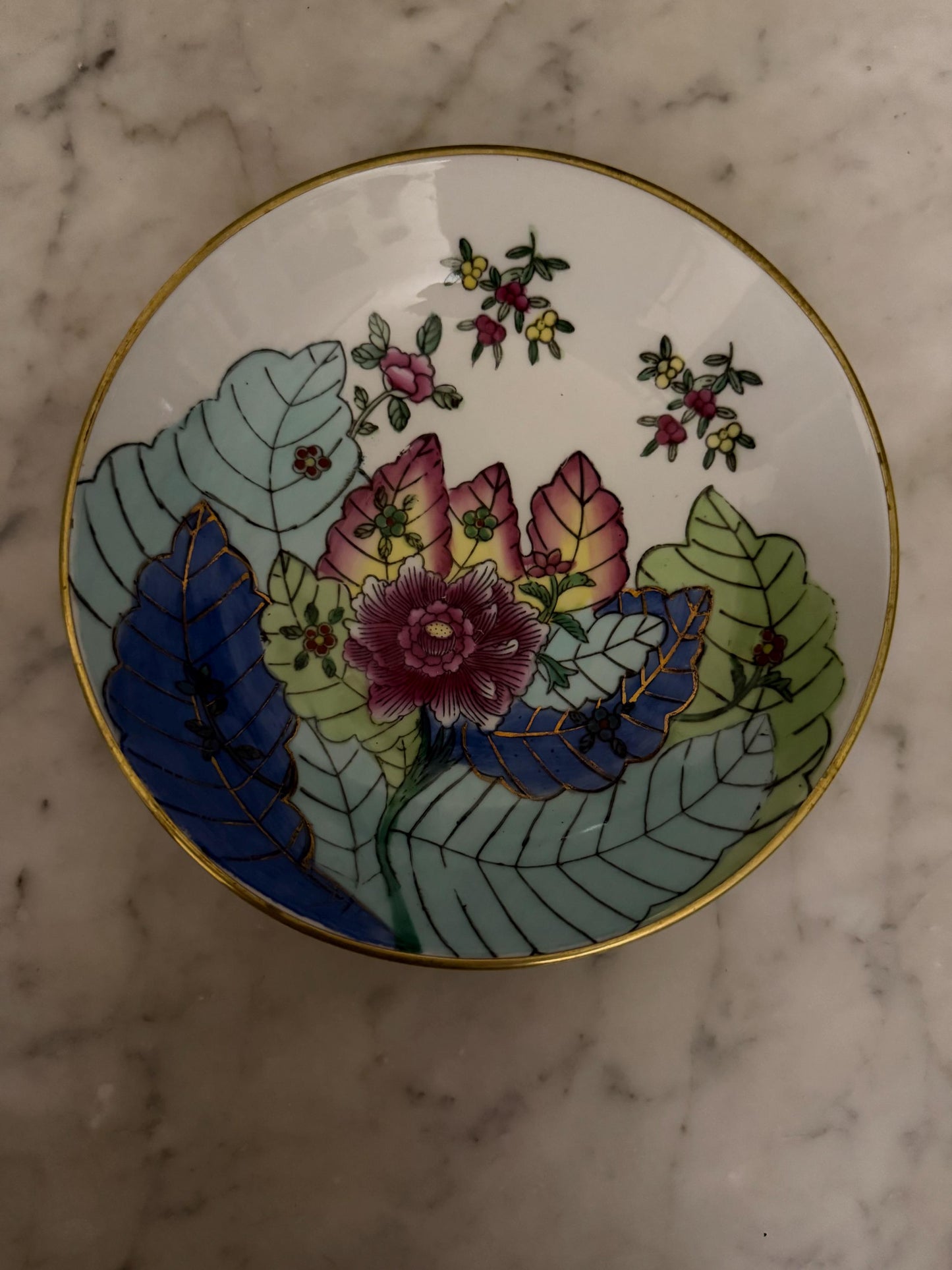 Vintage Chinese Porcelain Tobacco Leaf Bowl Wall Plaque Famille Rose Floral Chinoiserie Brass Mount