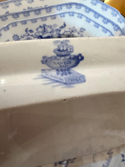 Antique Ashworth Ironstone Graduated Platters Set of 4 Blue and White Transferware Chinoiserie Serving Dishes, England c. 1875