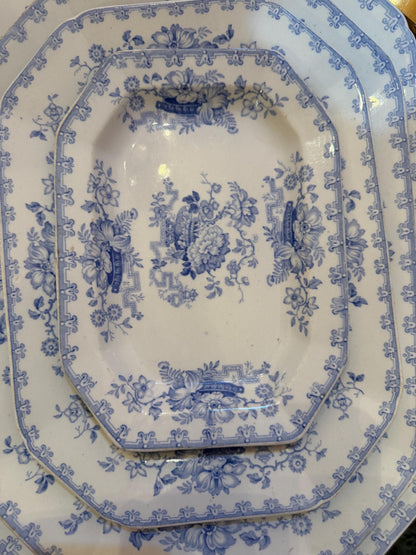 Antique Ashworth Ironstone Graduated Platters Set of 4 Blue and White Transferware Chinoiserie Serving Dishes, England c. 1875