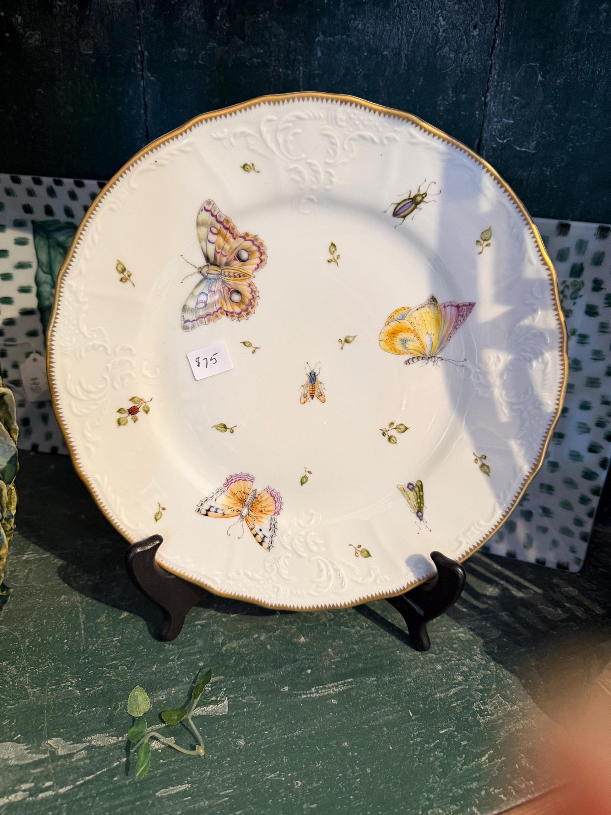 Anna Weatherley Hand Painted Butterfly Plate, Bernadotte Porcelain, Hungary, Gilt Botanical Insect Decorative Plate