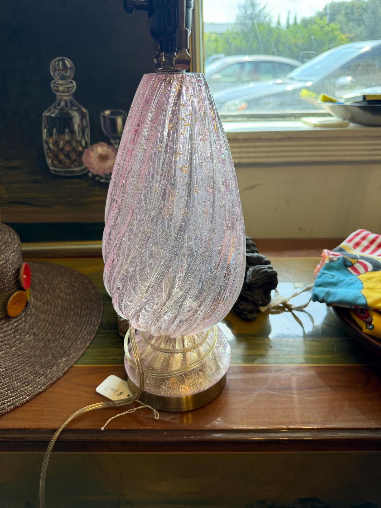 Vintage Pink Murano Glass Table Lamp, Gold Fleck Controlled Bubble Art Glass, Mid Century Italian Hollywood Regency Lighting