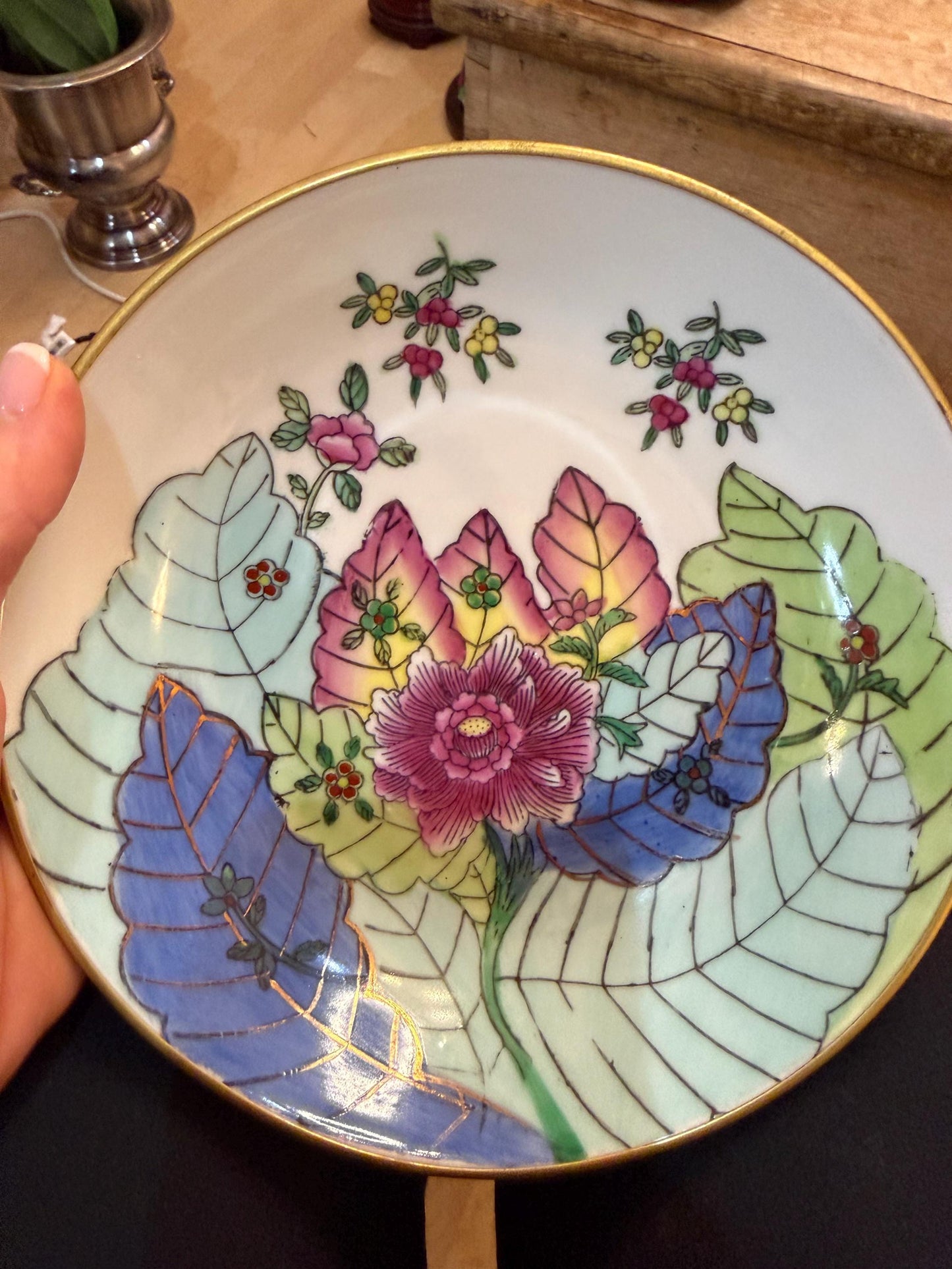 Vintage Chinese Porcelain Tobacco Leaf Bowl Wall Plaque Famille Rose Floral Chinoiserie Brass Mount