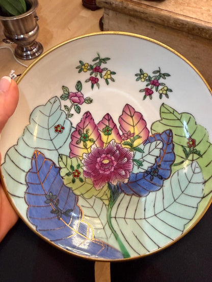 Vintage Chinese Porcelain Tobacco Leaf Bowl Wall Plaque Famille Rose Floral Chinoiserie Brass Mount