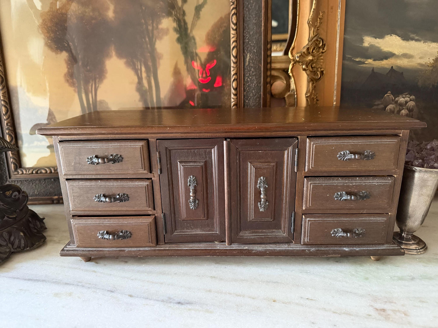 Vintage Wooden Jewelry Box Chest, Large Tabletop Jewelry Organizer, 6 Drawer Cabinet with Ornate Metal Hardware