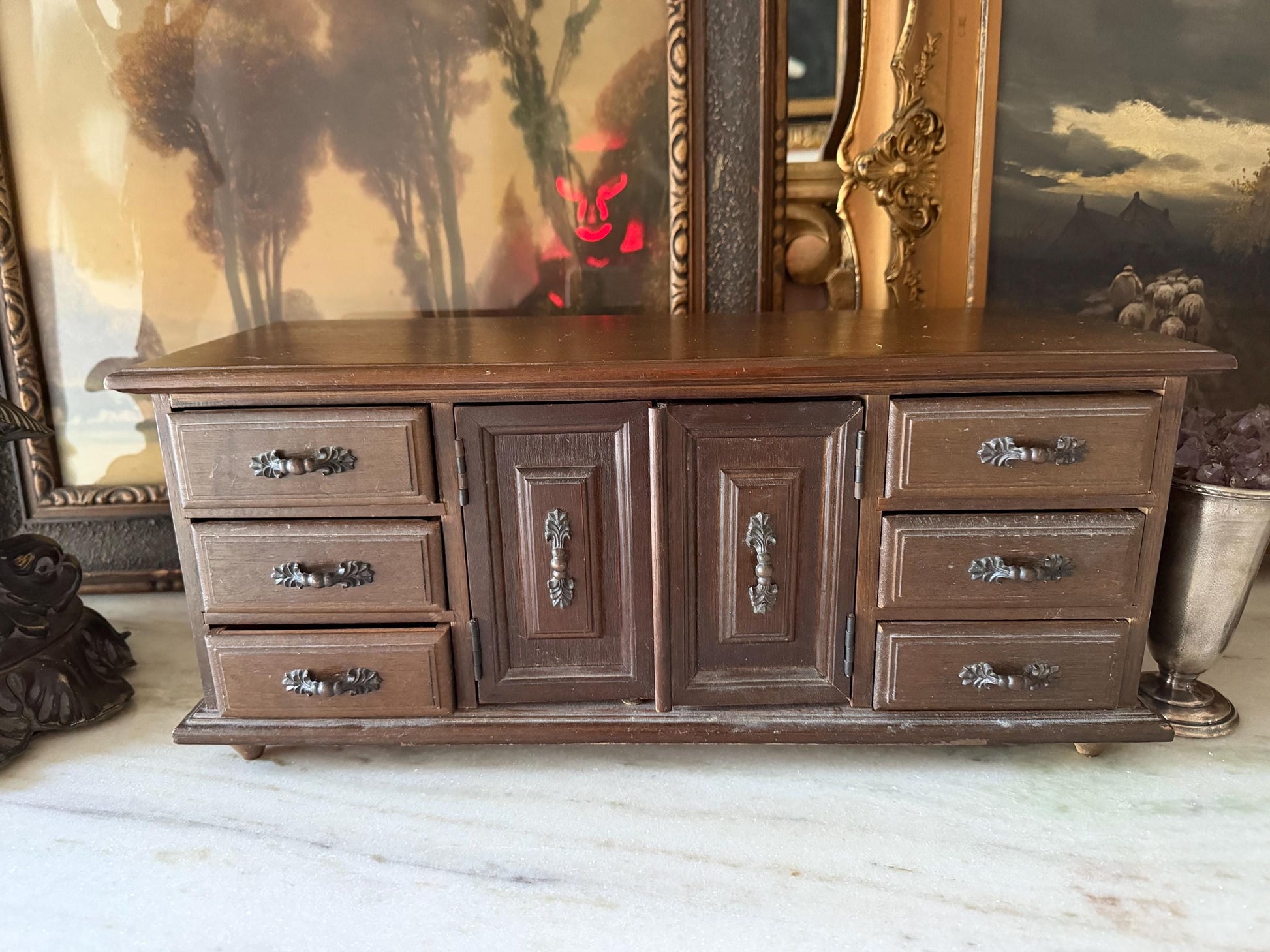 Vintage Wooden Jewelry Box Chest, Large Tabletop Jewelry Organizer, 6 Drawer Cabinet with Ornate Metal Hardware
