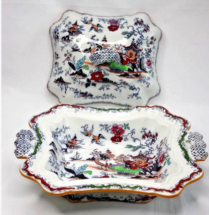 Ashworth Bros Hanley England Gaudy Willow Oriental Pagoda Asian Lid & Casserole
