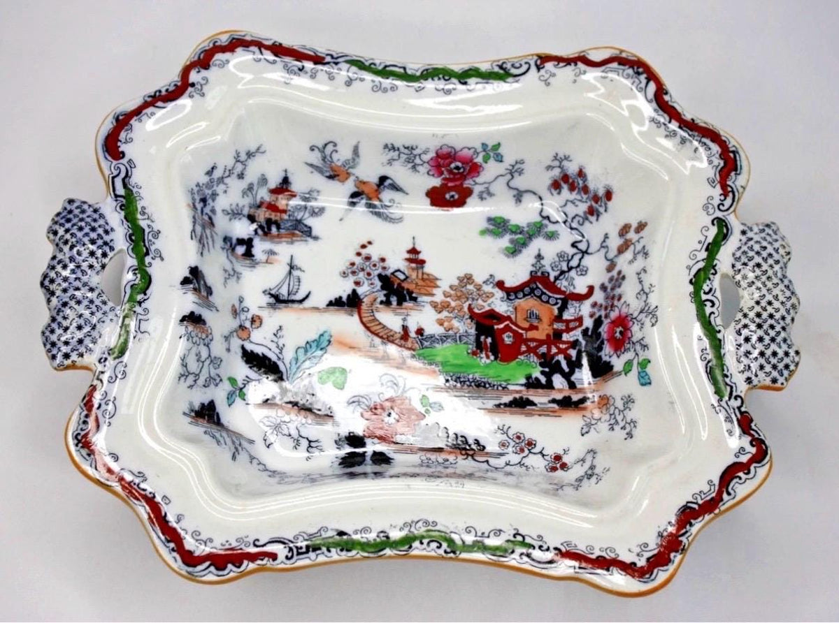 Ashworth Bros Hanley England Gaudy Willow Oriental Pagoda Asian Lid & Casserole