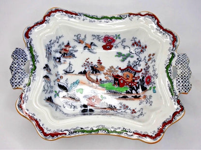 Ashworth Bros Hanley England Gaudy Willow Oriental Pagoda Asian Lid & Casserole