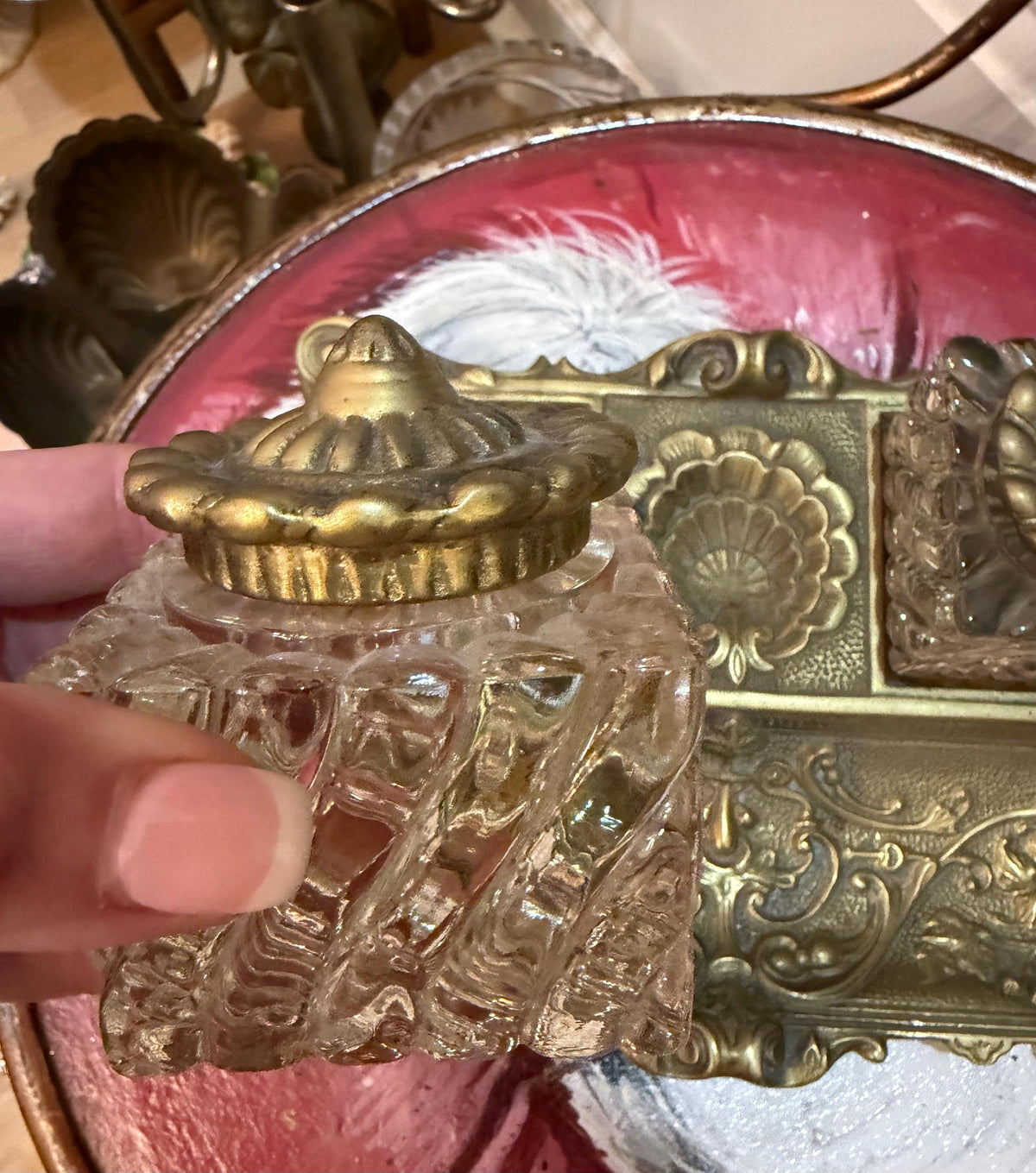 Vintage Williamsburg Foundry Virginia Brass Double Inkwell with Glass Ink Pots, Ornate Colonial Desk Accessory