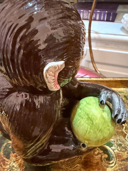 Vintage Italian Ceramic capuchin Monkey Figurine Holding Fruit, Made in Italy, Brown Glazed Animal Sculpture, Whimsical Shelf Decor