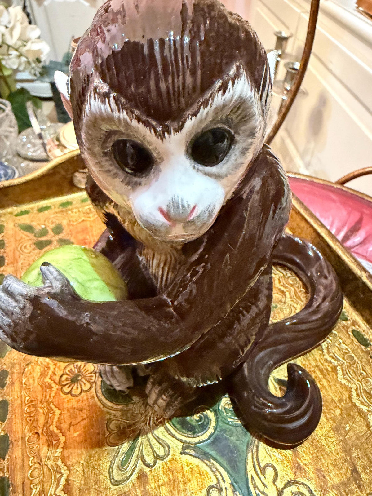 Vintage Italian Ceramic capuchin Monkey Figurine Holding Fruit, Made in Italy, Brown Glazed Animal Sculpture, Whimsical Shelf Decor