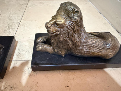 Bombay Company Lion Sculptures, Pair of Heavy Bronze-Tone Reclining Lions on Black Bases, Traditional Library Mantel Decor