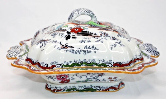 Ashworth Bros Hanley England Gaudy Willow Oriental Pagoda Asian Lid & Casserole