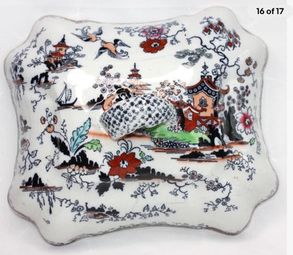 Ashworth Bros Hanley England Gaudy Willow Oriental Pagoda Asian Lid & Casserole