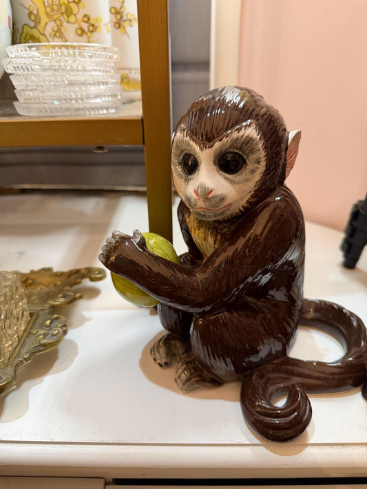 Vintage Italian Ceramic capuchin Monkey Figurine Holding Fruit, Made in Italy, Brown Glazed Animal Sculpture, Whimsical Shelf Decor