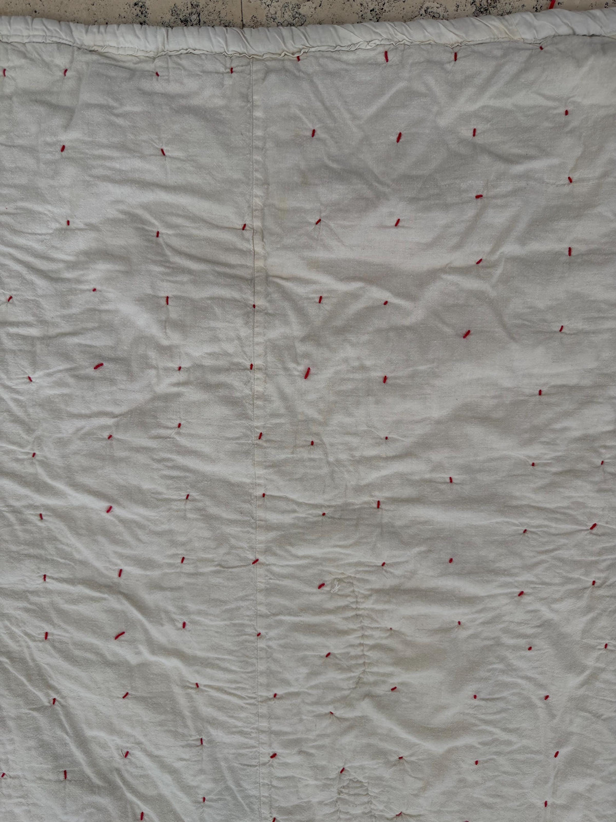 Vintage Glorified Nine Patch Quilt, Blue & Pink Scrappy Patchwork, Red Yarn Tied Coverlet, 59.5 x 72 Inches