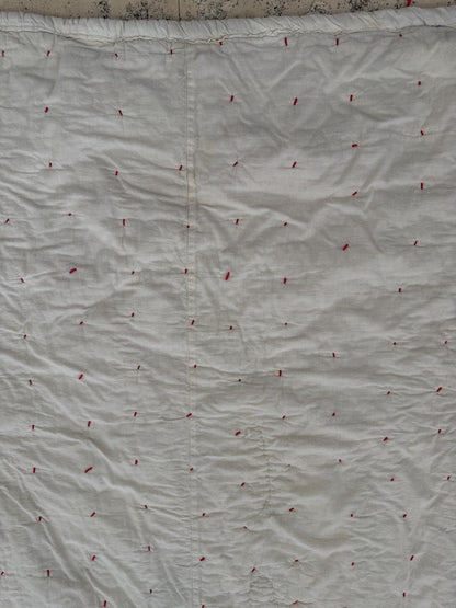 Vintage Glorified Nine Patch Quilt, Blue & Pink Scrappy Patchwork, Red Yarn Tied Coverlet, 59.5 x 72 Inches