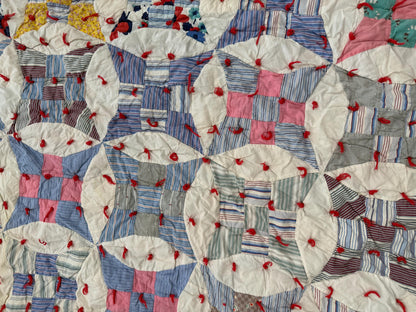 Vintage Glorified Nine Patch Quilt, Blue & Pink Scrappy Patchwork, Red Yarn Tied Coverlet, 59.5 x 72 Inches