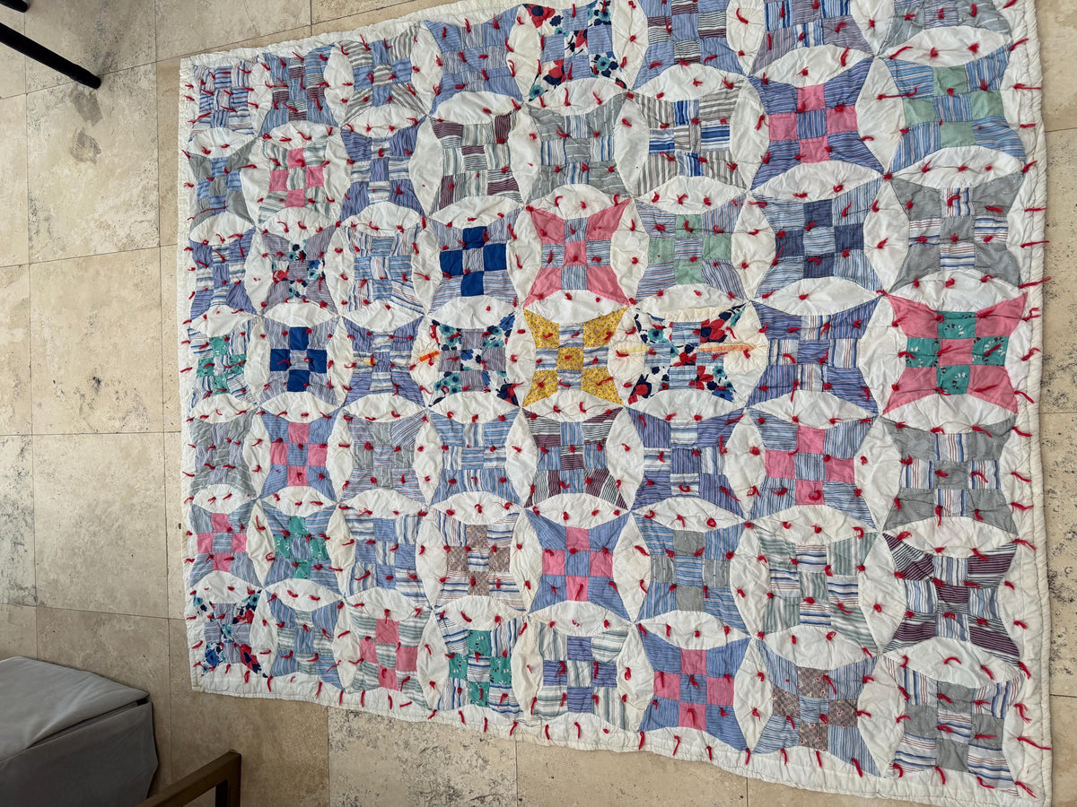 Vintage Glorified Nine Patch Quilt, Blue & Pink Scrappy Patchwork, Red Yarn Tied Coverlet, 59.5 x 72 Inches