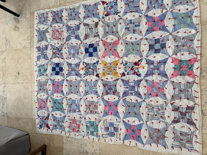 Vintage Glorified Nine Patch Quilt, Blue & Pink Scrappy Patchwork, Red Yarn Tied Coverlet, 59.5 x 72 Inches