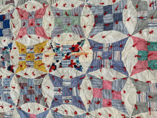 Vintage Glorified Nine Patch Quilt, Blue & Pink Scrappy Patchwork, Red Yarn Tied Coverlet, 59.5 x 72 Inches