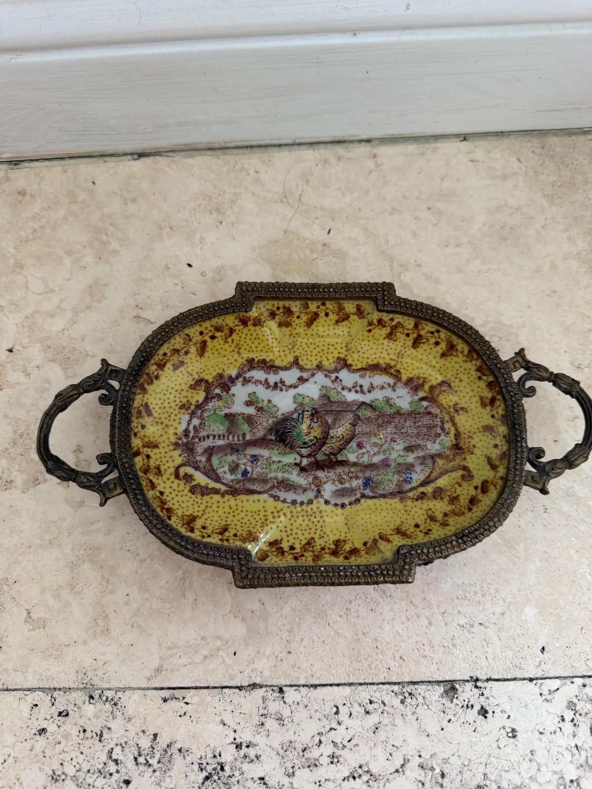 Wong Lee Yellow Porcelain Trinket Dish with Birds, Ornate Metal Handles & Feet, Decorative Jewelry Tray