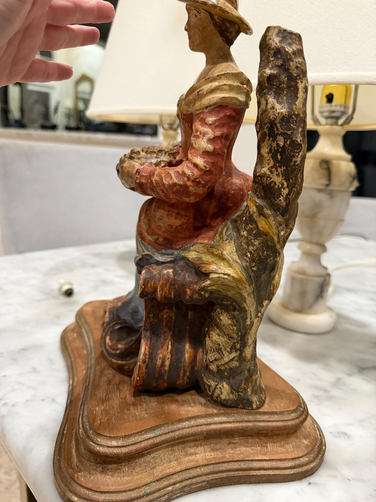 Vintage Italian Florentine Style Lady Figurine, Seated Woman with Flowers, Painted Figure on Wooden Base, Made in Italy