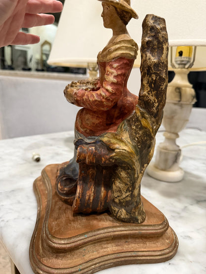 Vintage Italian Florentine Style Lady Figurine, Seated Woman with Flowers, Painted Figure on Wooden Base, Made in Italy
