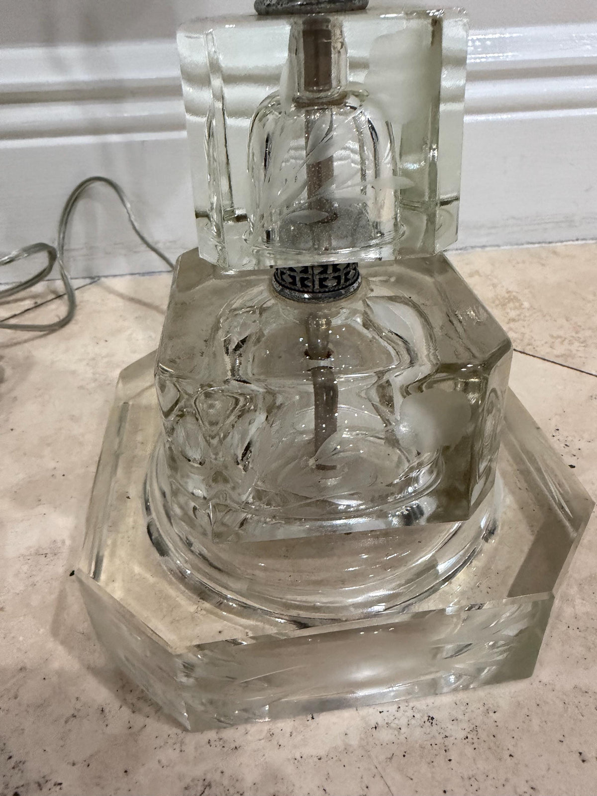 Pair of Vintage Stacked Glass Table Lamps, Etched Botanical Cube Columns, Clear Glass Lamps, Hollywood Regency Style Lighting