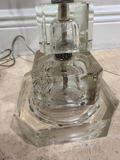 Pair of Vintage Stacked Glass Table Lamps, Etched Botanical Cube Columns, Clear Glass Lamps, Hollywood Regency Style Lighting
