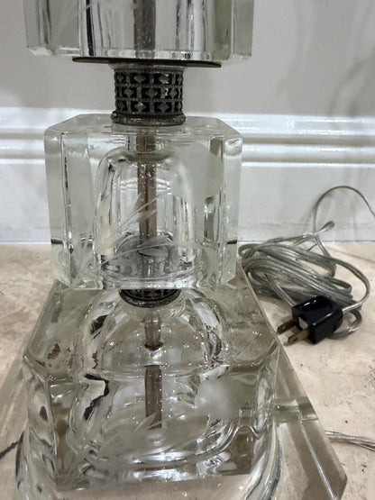 Pair of Vintage Stacked Glass Table Lamps, Etched Botanical Cube Columns, Clear Glass Lamps, Hollywood Regency Style Lighting