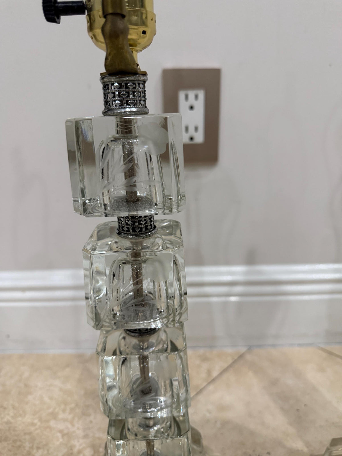 Pair of Vintage Stacked Glass Table Lamps, Etched Botanical Cube Columns, Clear Glass Lamps, Hollywood Regency Style Lighting