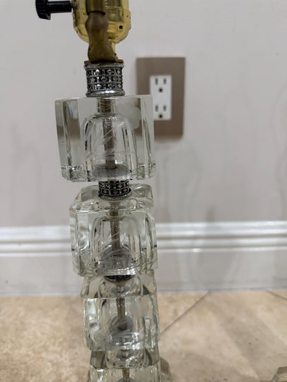 Pair of Vintage Stacked Glass Table Lamps, Etched Botanical Cube Columns, Clear Glass Lamps, Hollywood Regency Style Lighting