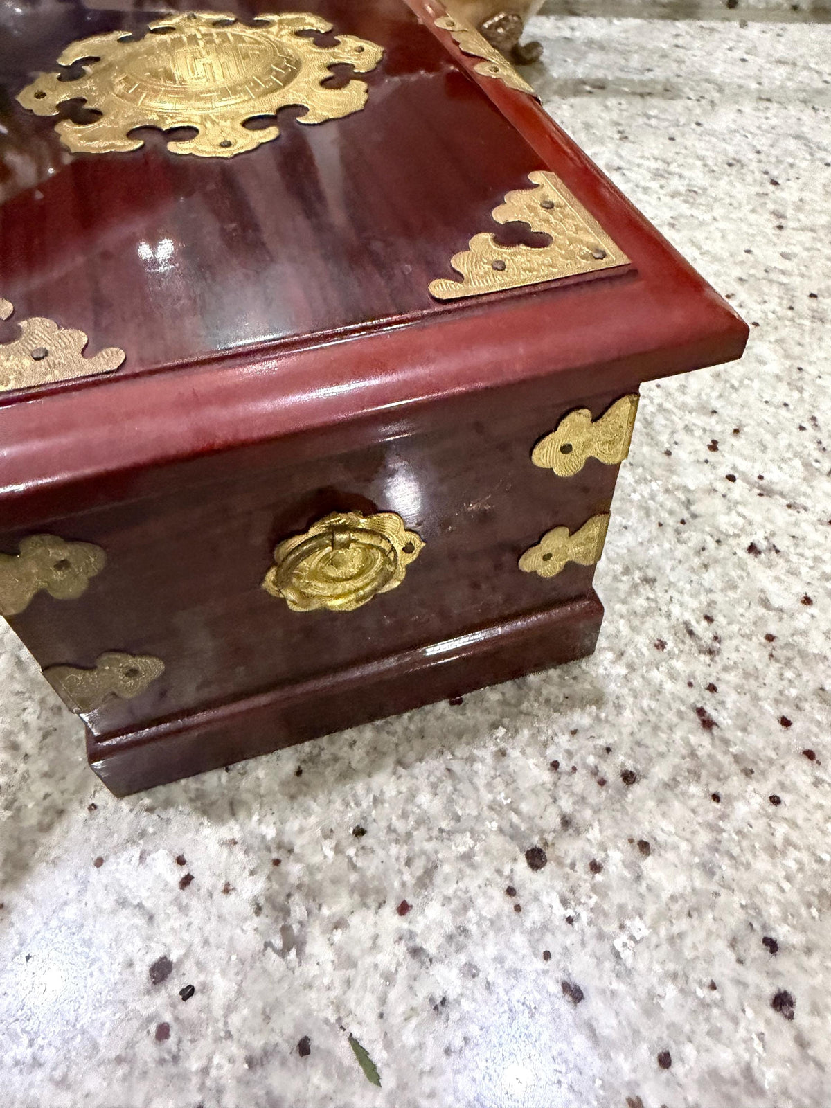 Chinoiserie Wood Jewelry Box with Ornate Gold Tone Hardware, Red Lined Interior, Decorative Keepsake Chest